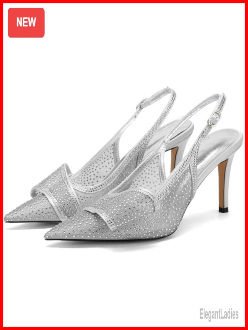 Rhinestone Mesh Slingback Pumps Bow Pointed Toe Stiletto Heels